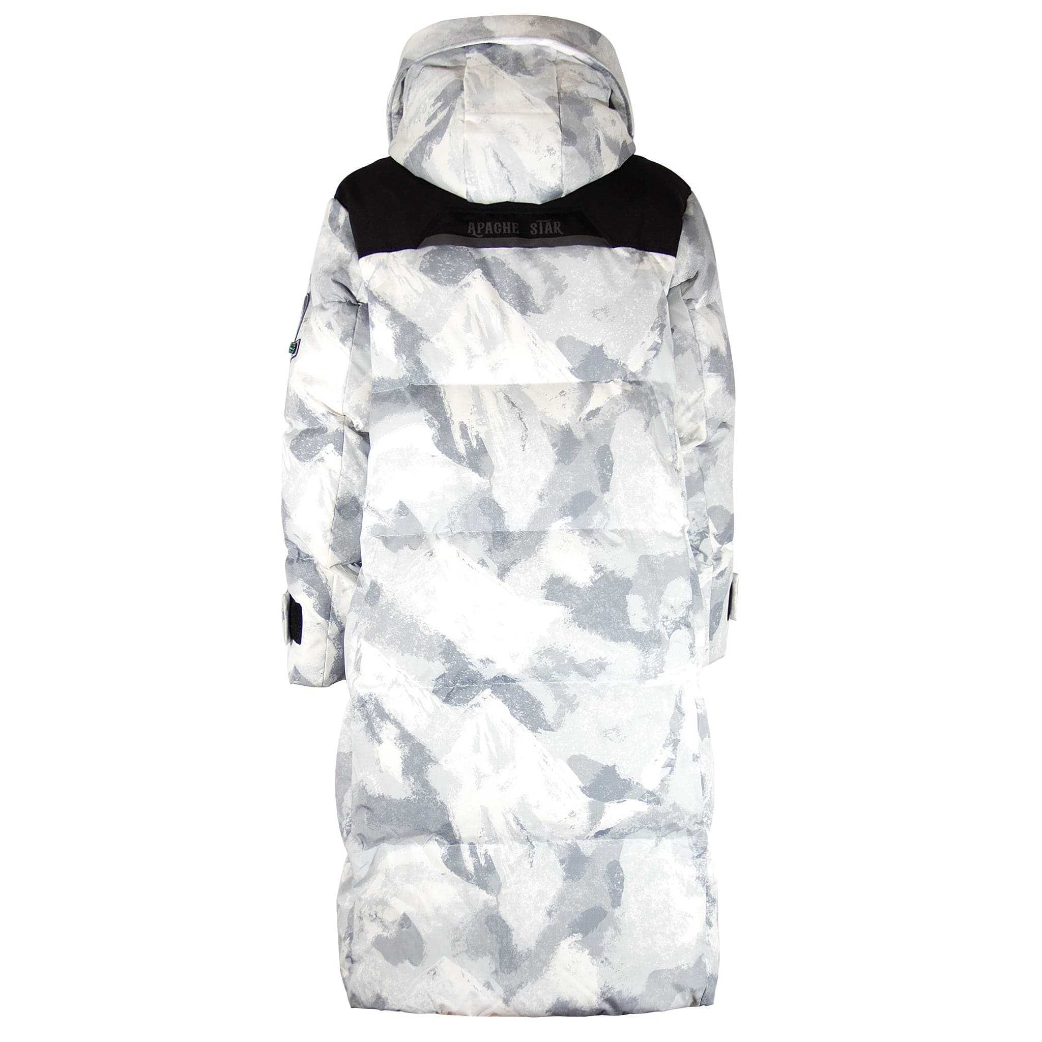 Rear view of white Brigade Breeze Down Coat by APACHE STAR without fur, showcasing black yoke and long insulated design for cold weather.