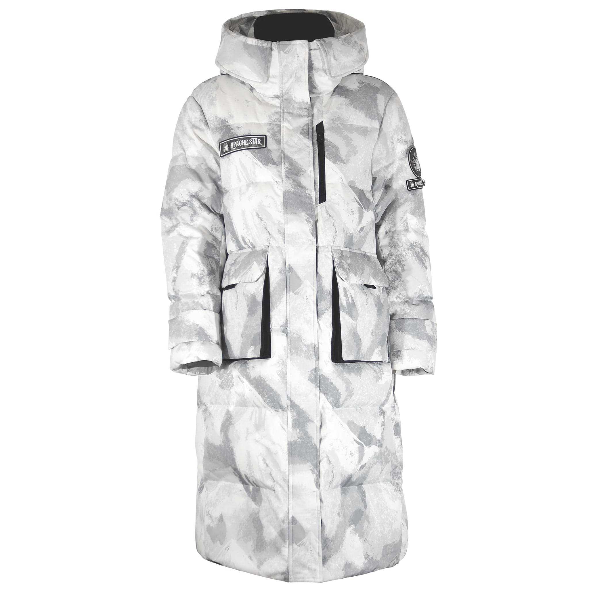 White camouflage Brigade Breeze Down Coat by APACHE STAR without fur trim, featuring front pockets and high-tech insulation for cold climates.