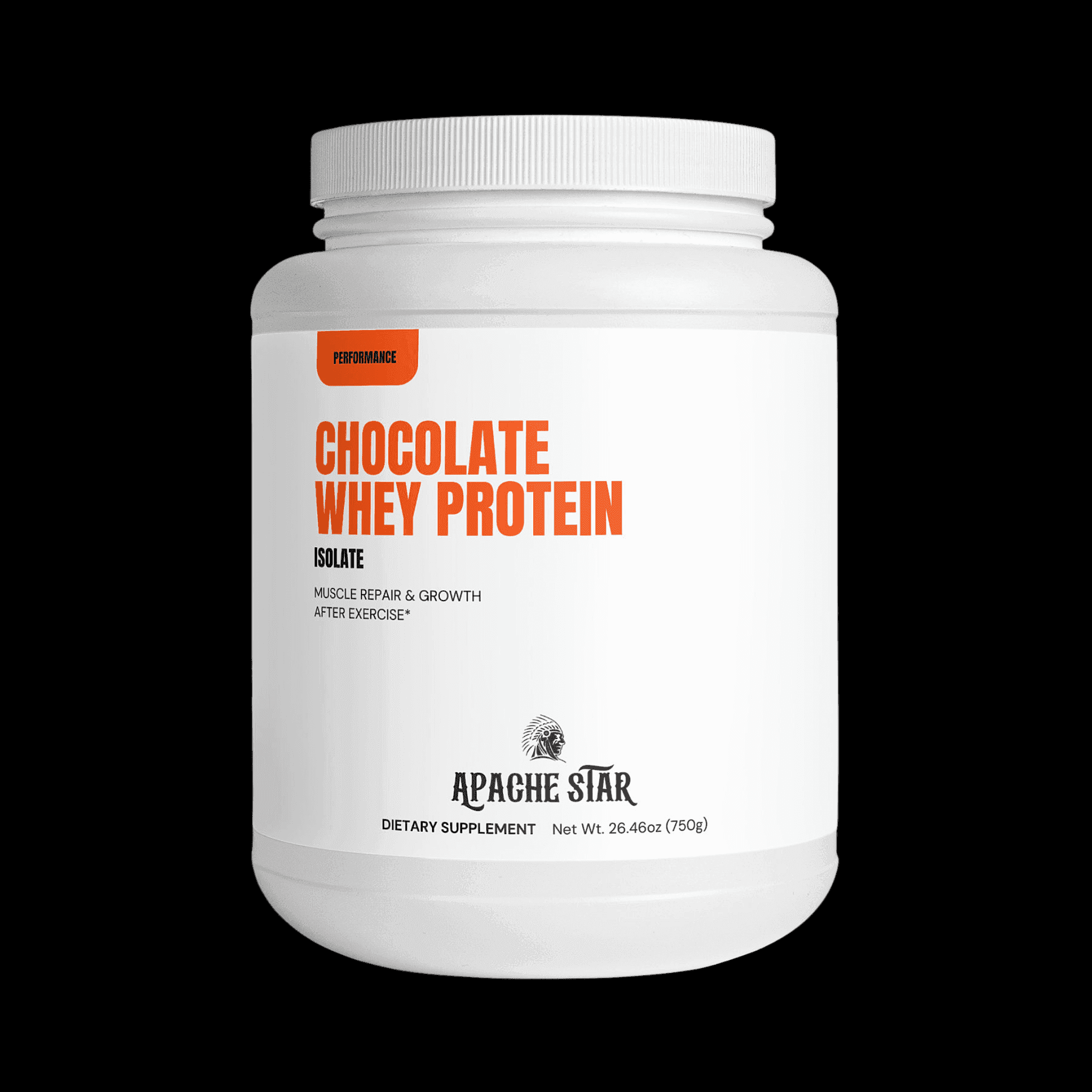 Chocolate Whey Protein Muscle Growth Isolate by APACHE STAR in white container for muscle repair and post-workout recovery, made in USA.