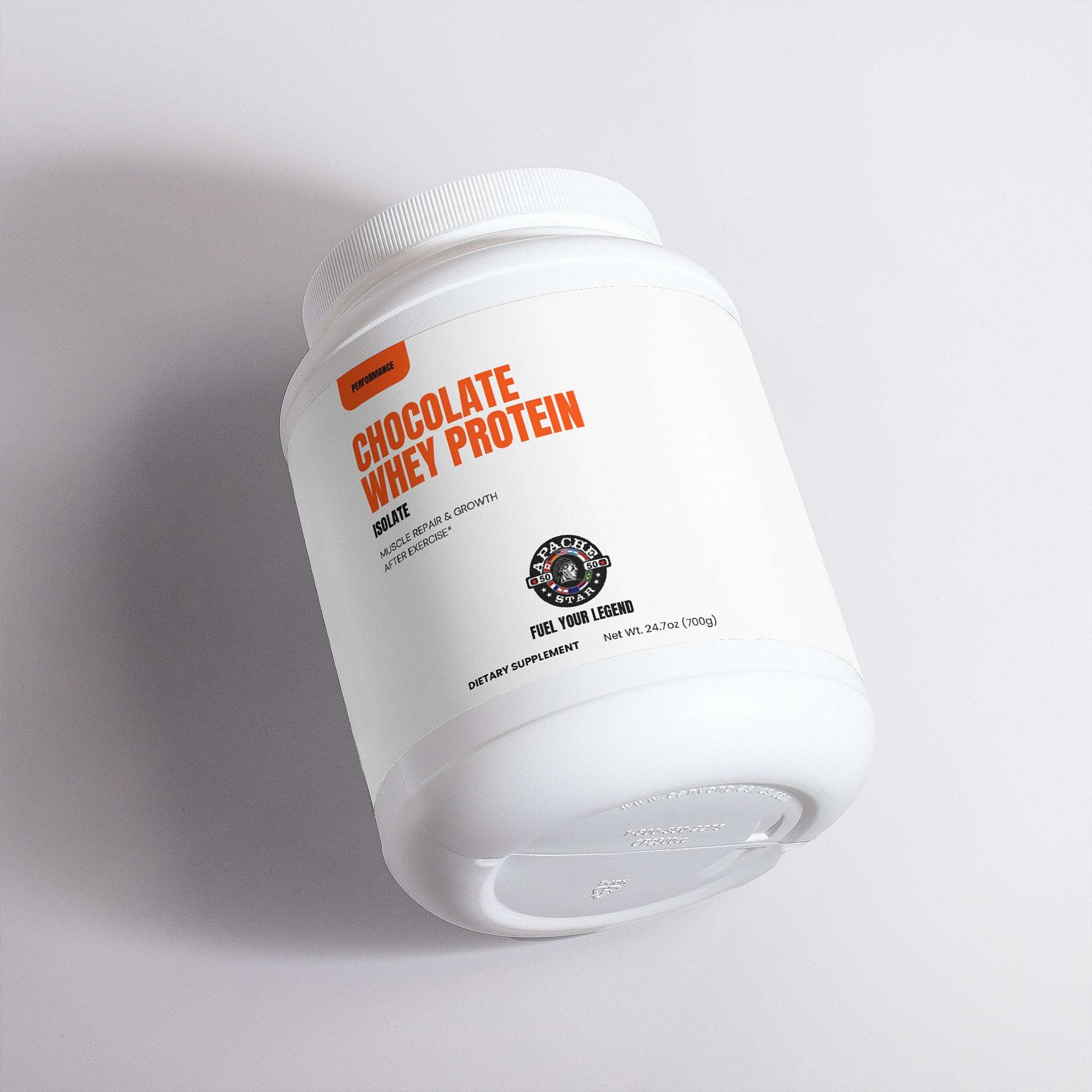 Angled view of APACHE STAR Chocolate Whey Protein Muscle Growth Isolate container. Premium USA-made protein for athletic performance and recovery.