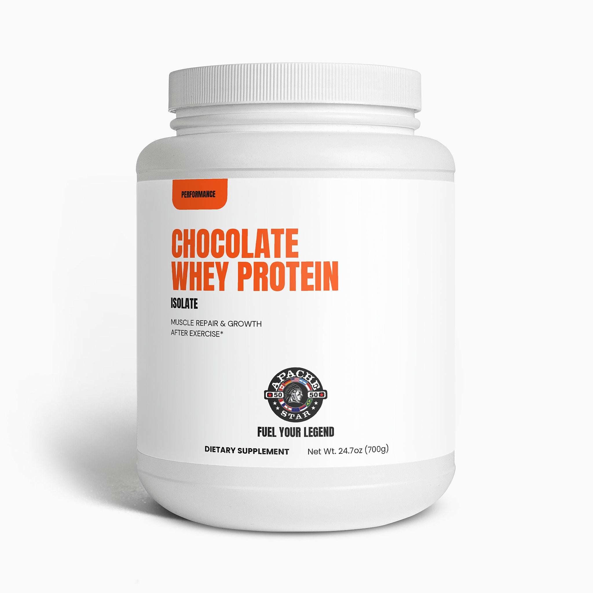 Chocolate Whey Protein Muscle Growth Isolate by APACHE STAR in a 700g white container. Ideal for muscle repair, low fat, made in USA.