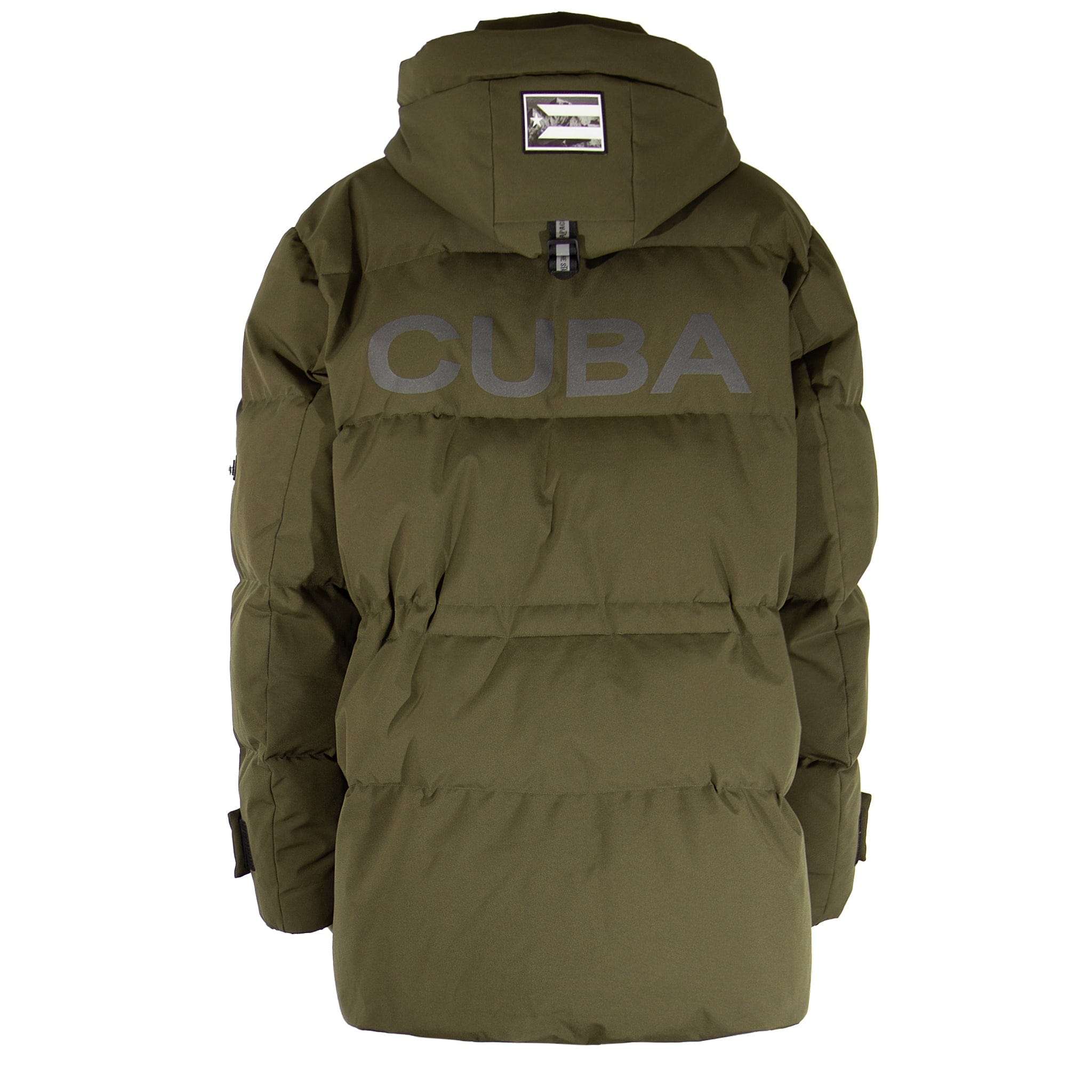 Back view of Cuban Propane Military Down Jacket by APACHE STAR featuring bold 'CUBA' lettering and reflective patch, ideal for cold climates.