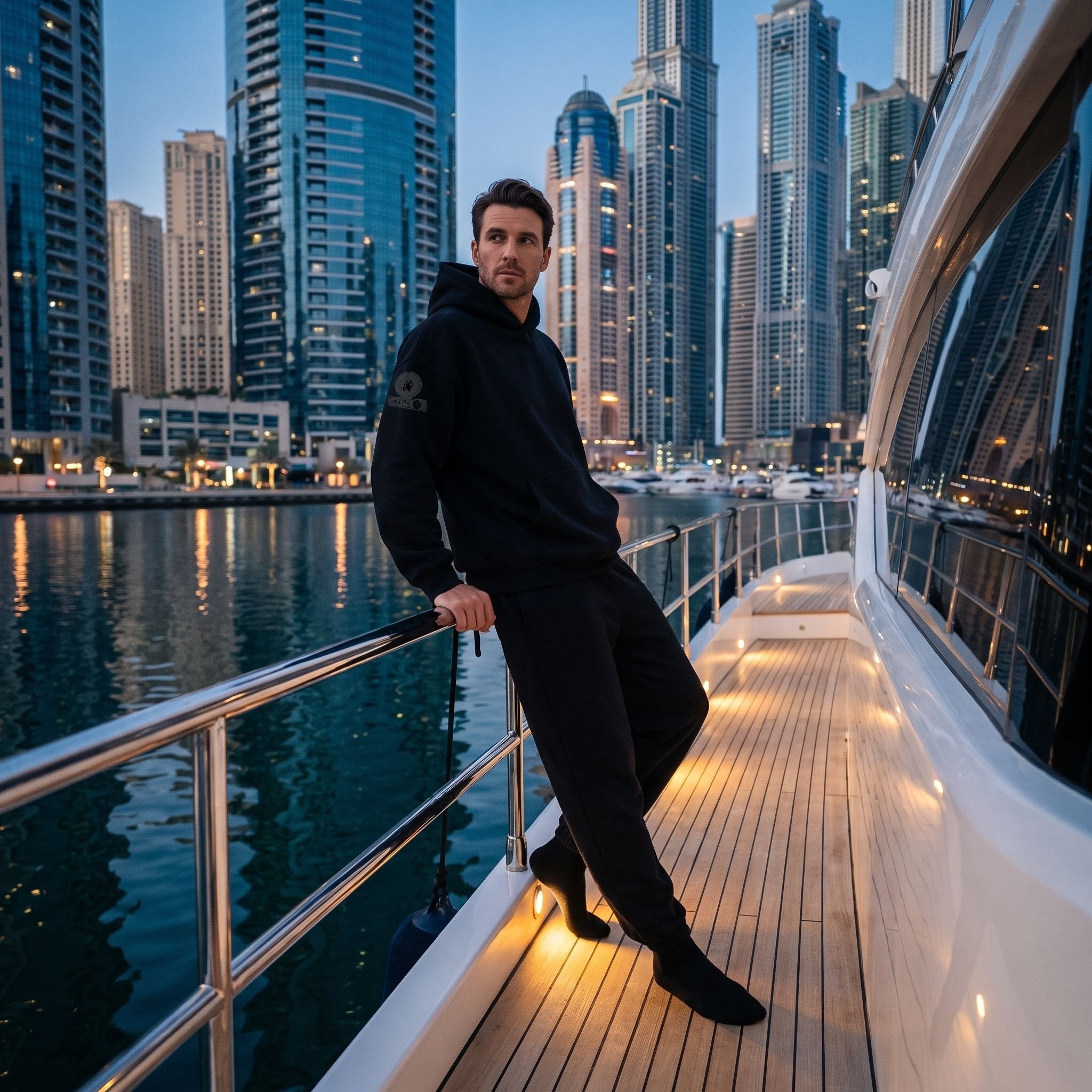 Model wearing the APACHE STAR® Iconic Pants “Dubai” in Black on a yacht in Dubai Marina