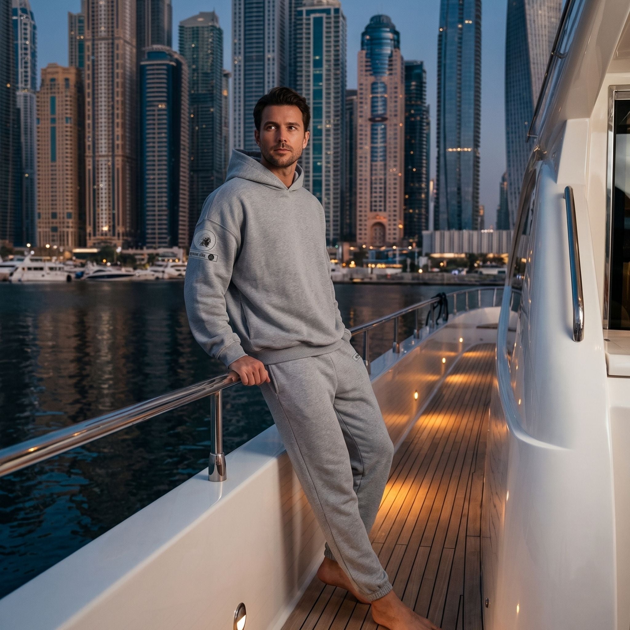 Model wearing the APACHE STAR® Iconic Pants “Dubai” on a yacht, Dubai Marina skyline behind