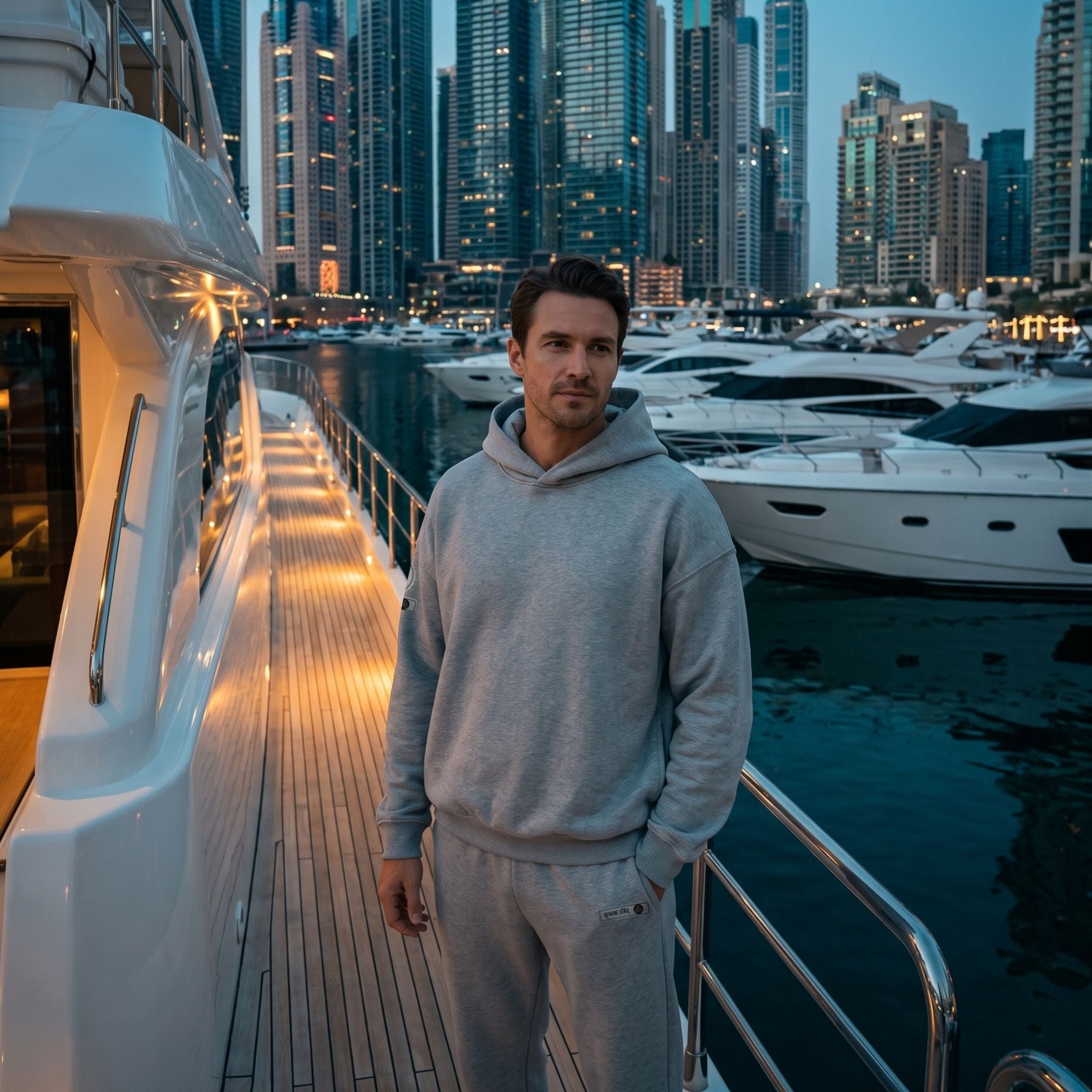 Model in the APACHE STAR® Dubai set on a yacht deck at golden hour, Dubai Marina