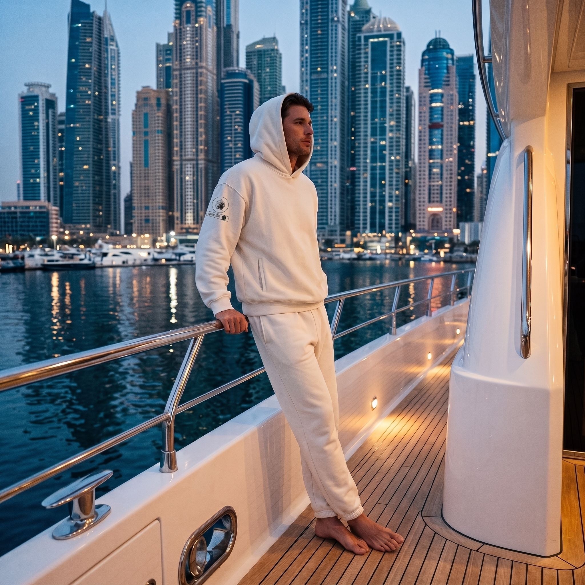 Model in the APACHE STAR® Dubai set in White on a superyacht deck, Dubai skyline behind