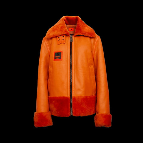 Orange leather bomber jacket with plush collar and patches
