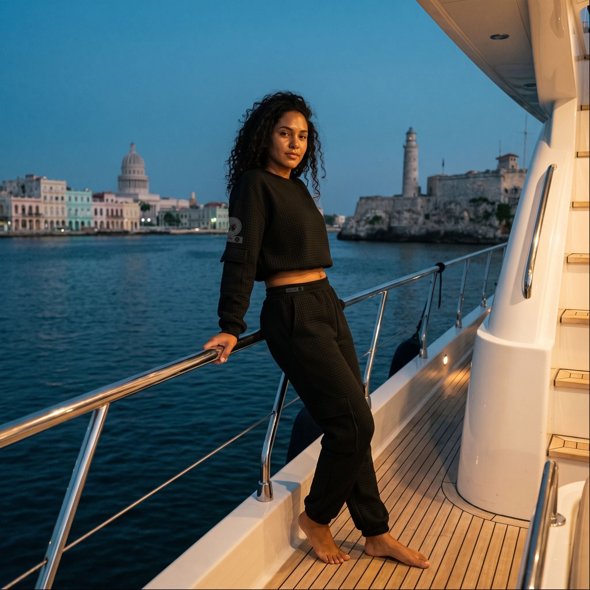 Model in the APACHE STAR® Havana waffle cargo set in Black on a boat deck in Havana, Cuba