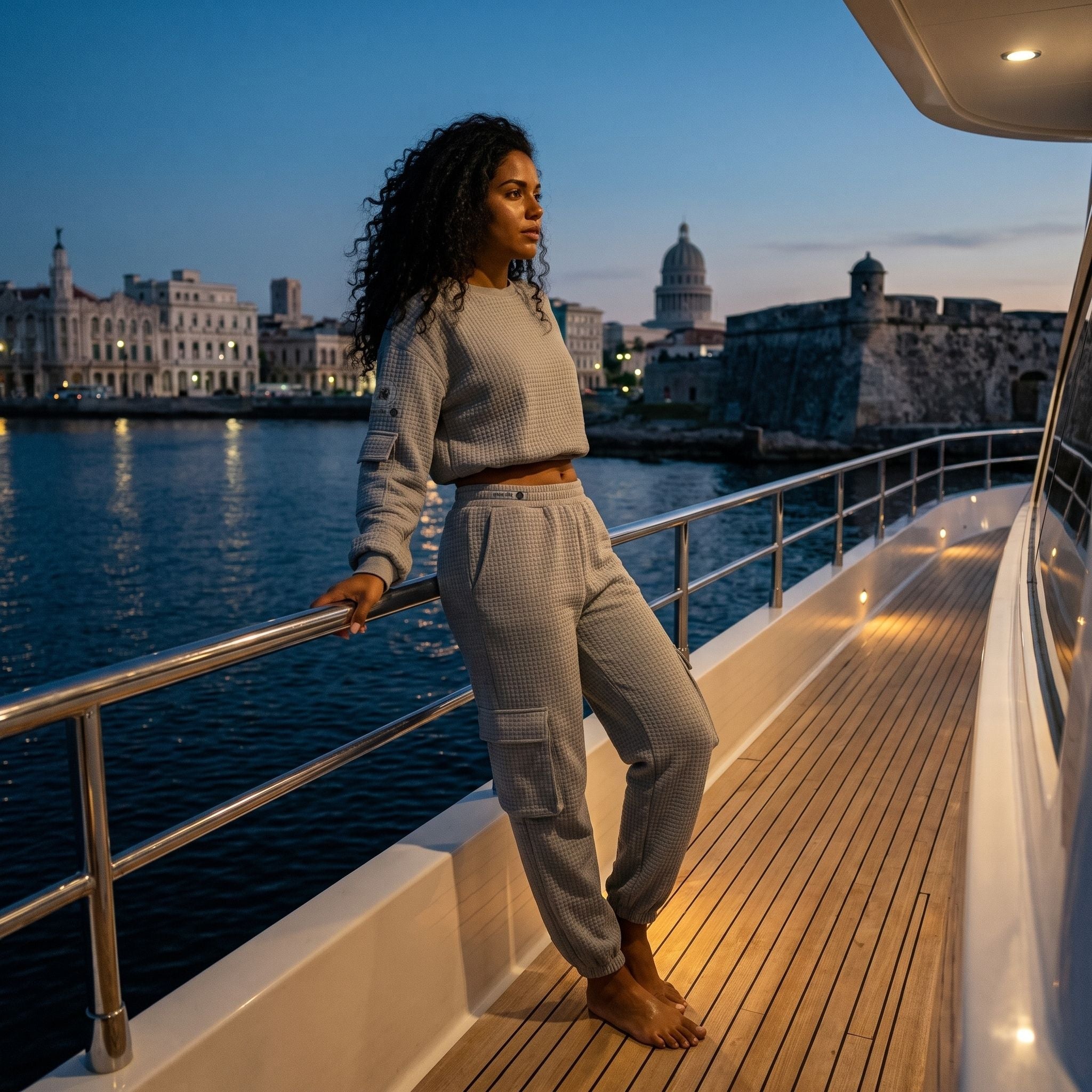Model in the APACHE STAR® Havana waffle cargo set in Light Grey on a boat deck in Havana