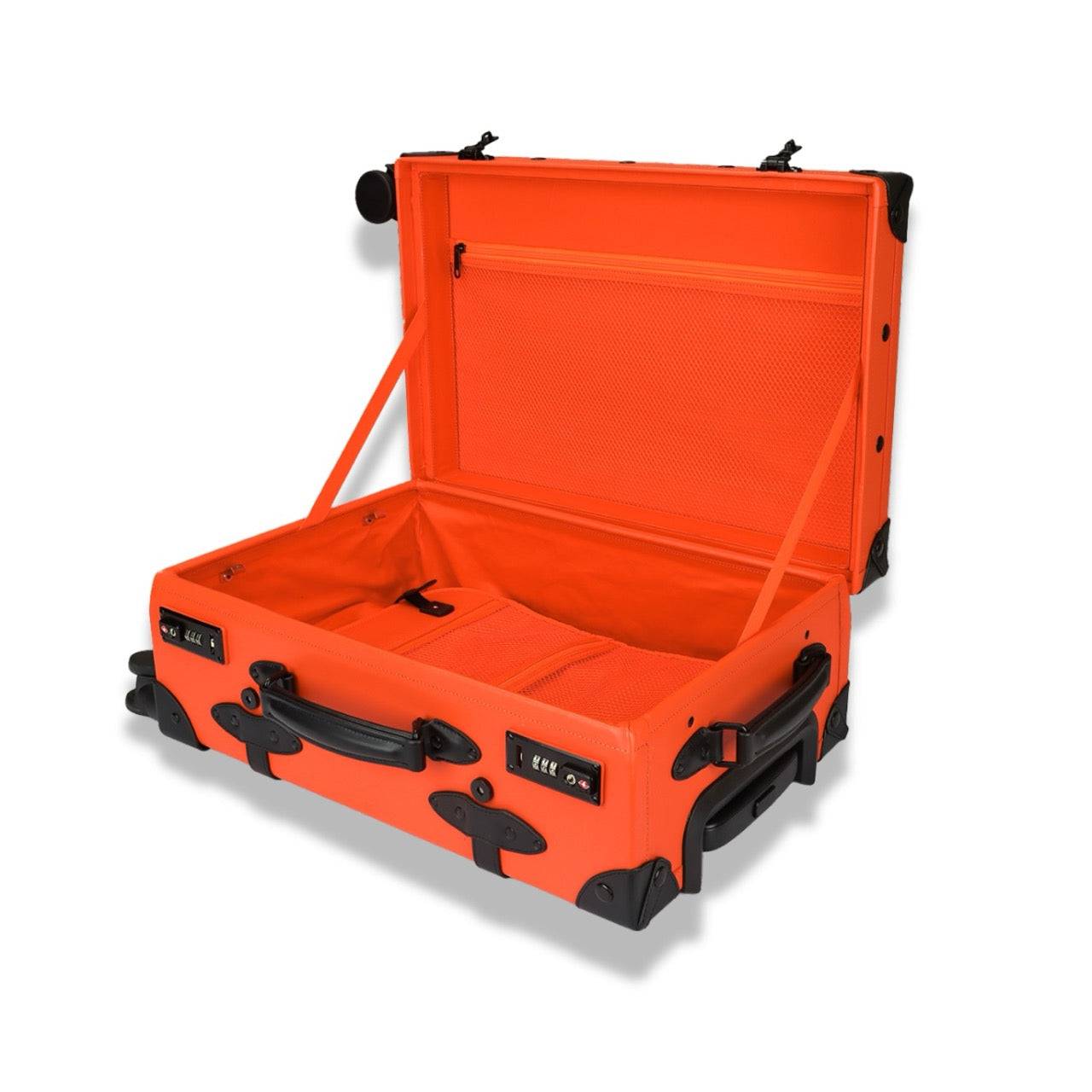 Open APACHE STAR® Signature Orange suitcase with interior mesh divider and elastic straps, designed for secure and stylish travel storage.