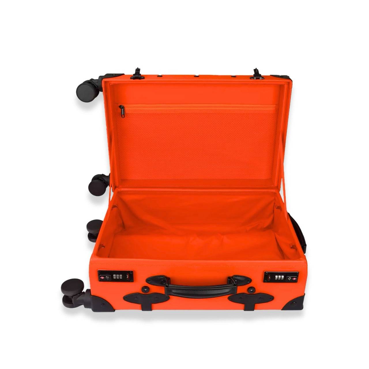 Interior of APACHE STAR® Signature Orange suitcase with mesh pocket and spacious compartment, ideal for organized luxury travel packing.