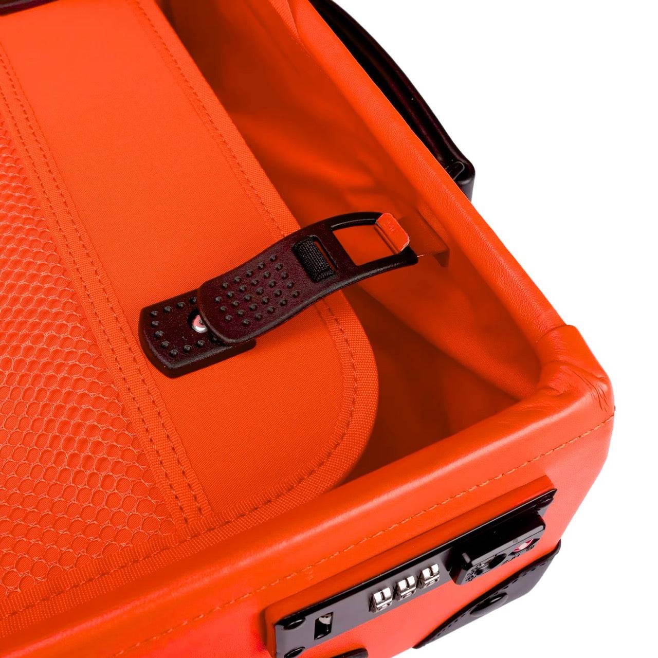 Close-up of interior strap and mesh pocket in APACHE STAR® Signature Orange suitcase, emphasizing premium build and travel convenience.