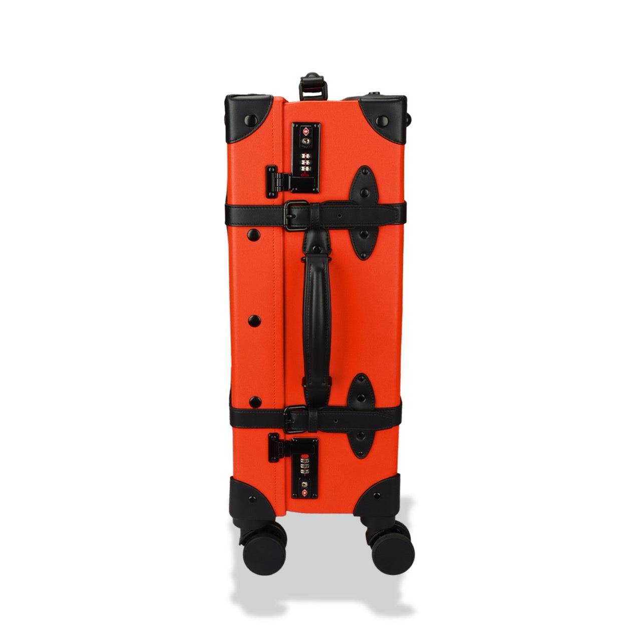 Side profile of APACHE STAR® 20" Signature Orange suitcase with spinner wheels, TSA lock, and leather handle for easy maneuverability.