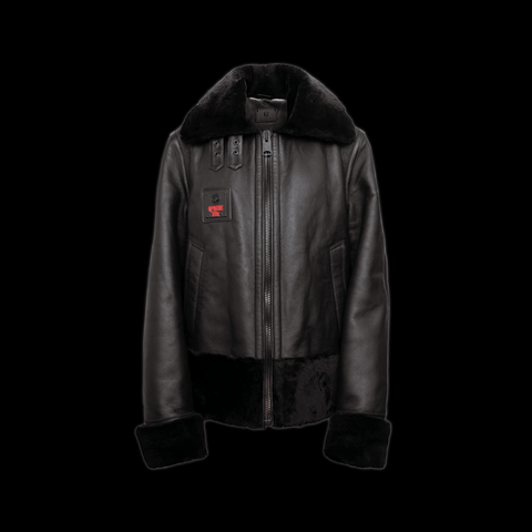 Black leather pilot jacket with shearling collar, front zipper, and patch details, luxury fashion style