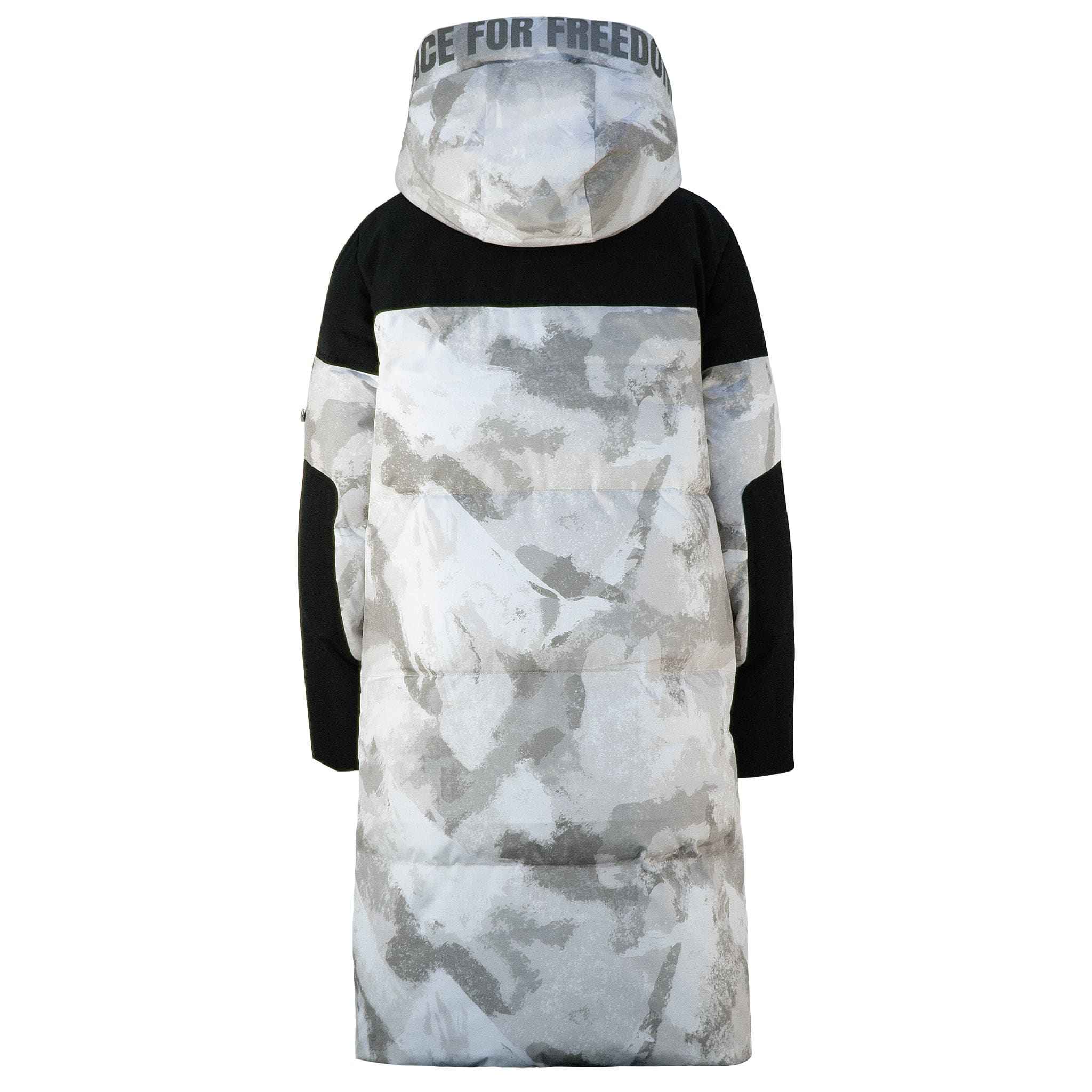 Back view of Submerged Sentry white down coat Submerged Sentry white down coat by APACHE STAR featuring 'Race for Freedom' text on hood and abstract arctic camo pattern for cold-weather style.