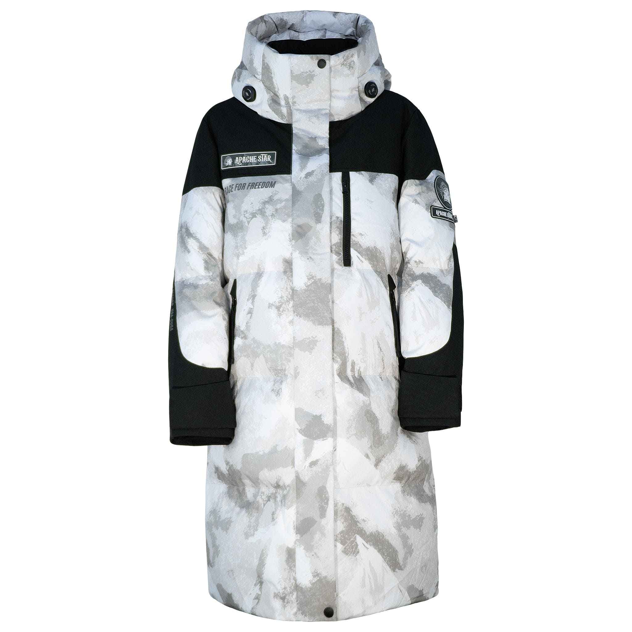 Submerged Sentry white down coat by APACHE STAR with storm-ready insulation, high collar, and bold patchwork design for winter outerwear fashion.