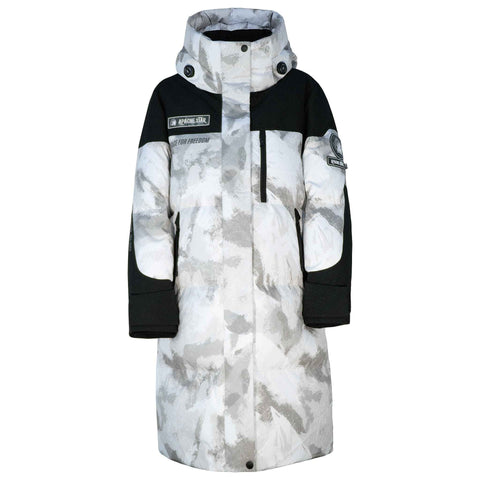 White down coat with camouflage hood and APACHE STAR logo
