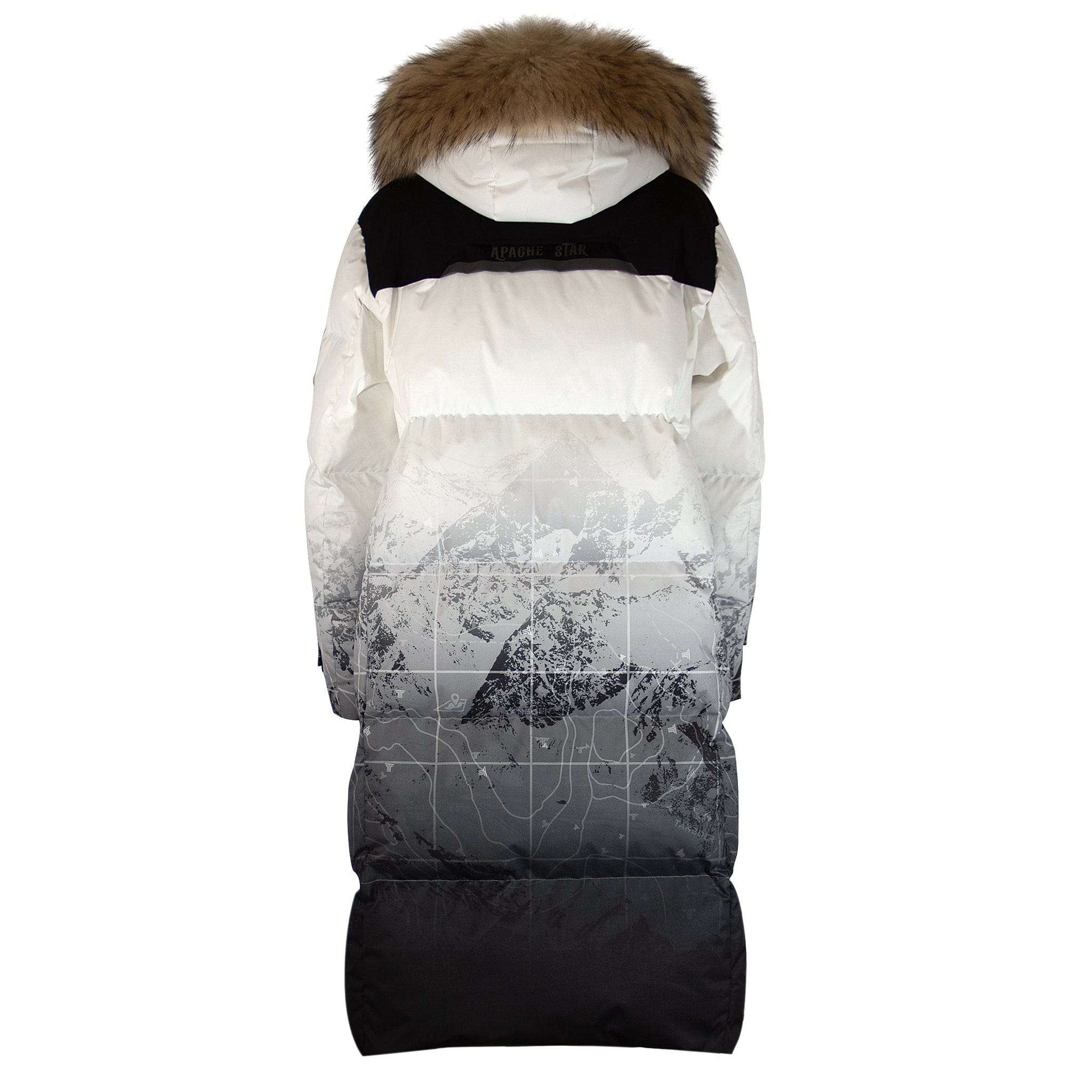 Back view of Trident Trooper Down Coat by APACHE STAR featuring mountain landscape print and fur-trimmed hood, designed for cold weather adventures.