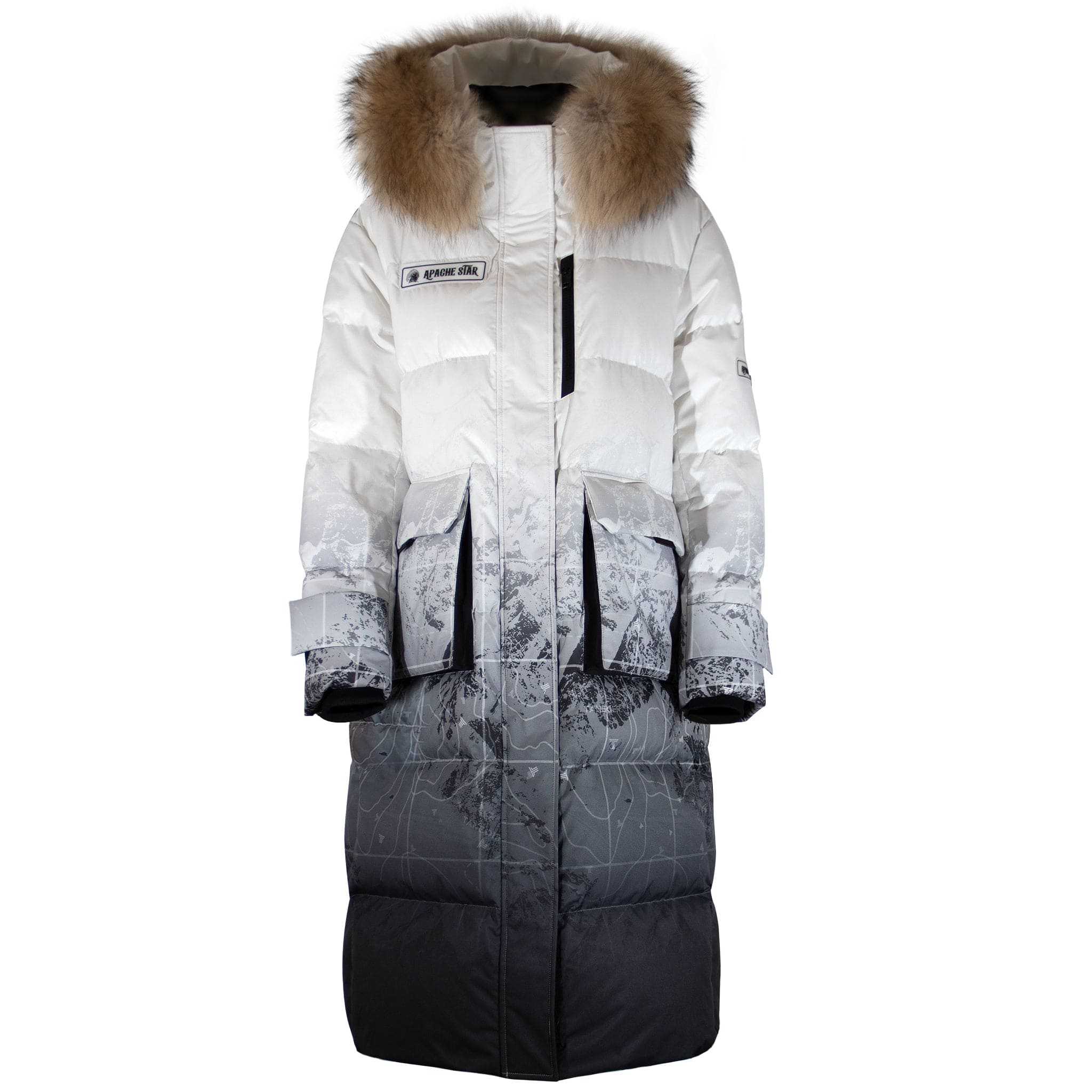 Trident Trooper Down Coat by APACHE STAR in black and white with fur hood, mountain print, and front pockets, ideal for extreme winter conditions.