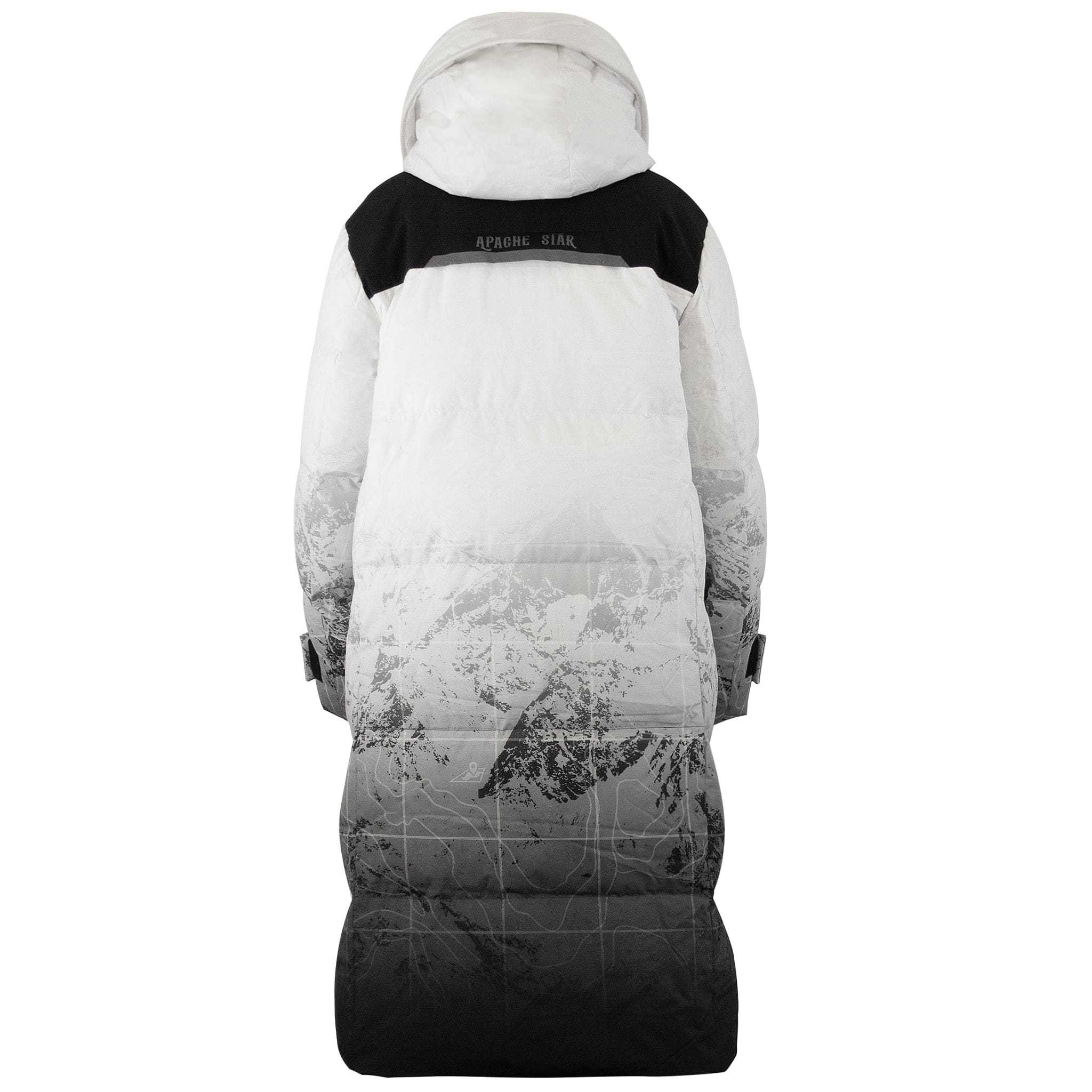 Rear view of Trident Trooper Down Coat by APACHE STAR with hood and black shoulder detail, highlighting the coat’s full-length mountain print design.