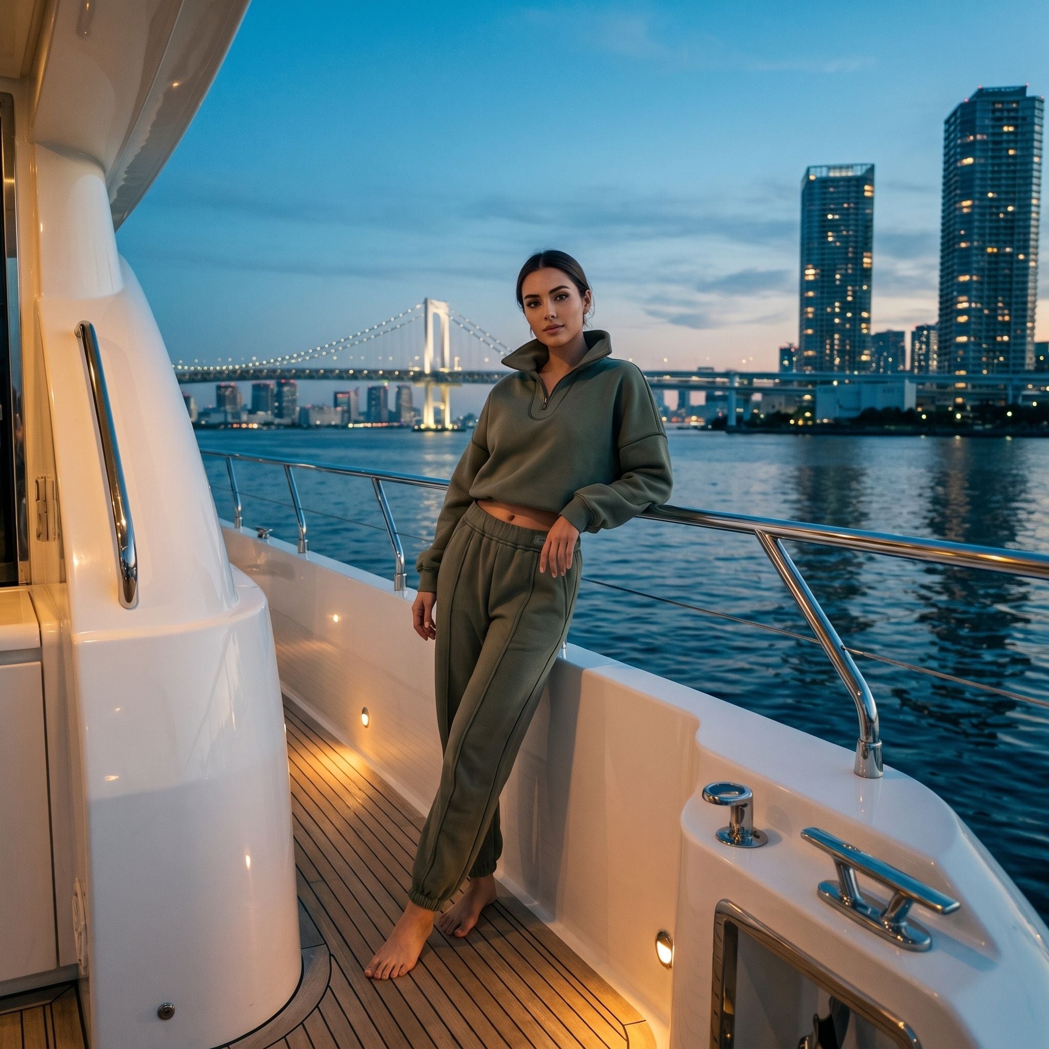 Model in the APACHE STAR® Tokyo athletic set in Army Green by the water, Tokyo skyline behind
