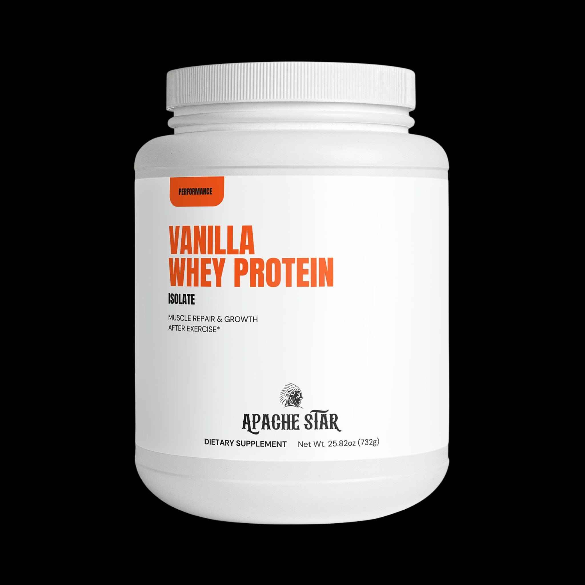 Vanilla Whey Protein Isolate by APACHE STAR in a white 25.8 oz container, designed for muscle growth and recovery post-exercise.