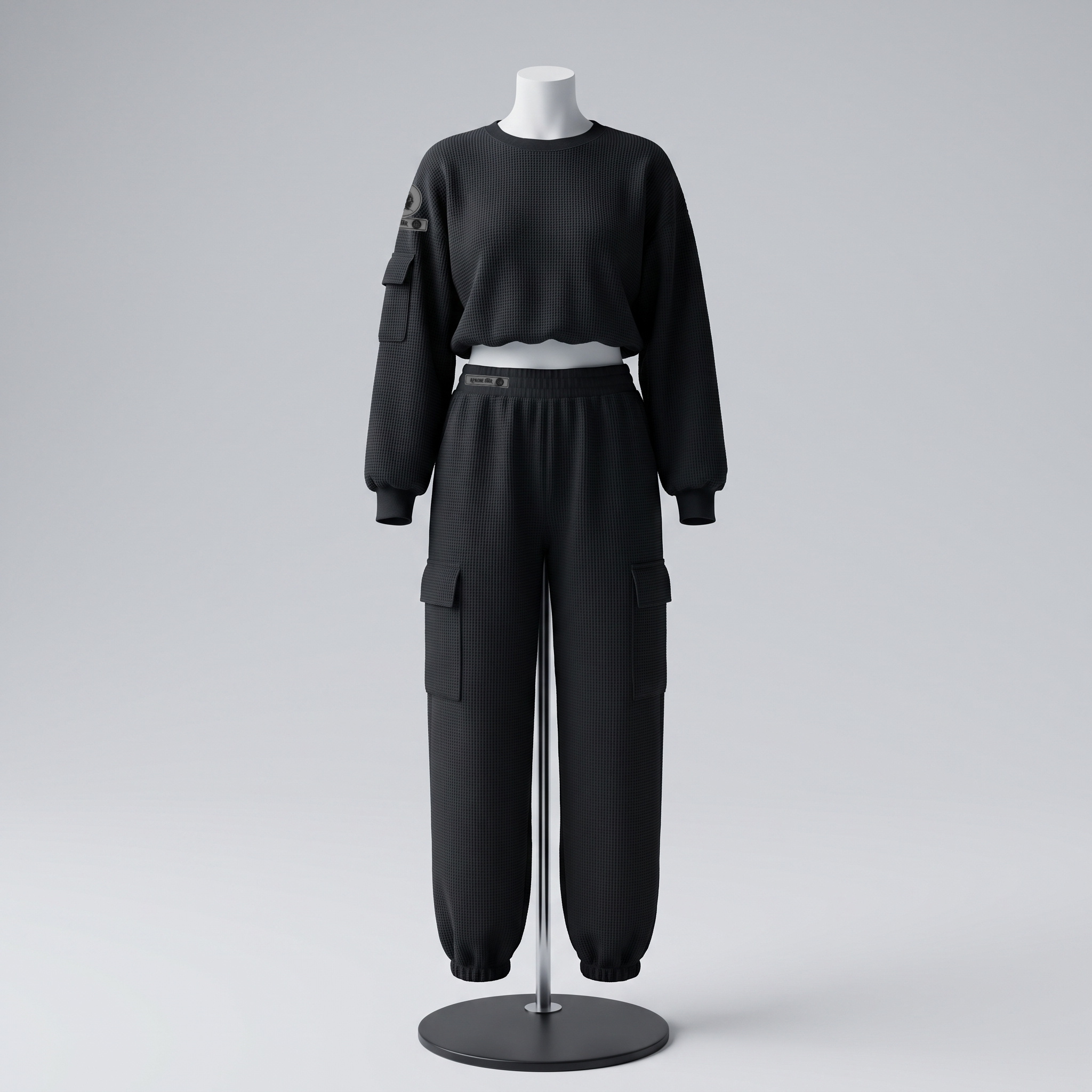 APACHE STAR® GLOBETROTTER Havana waffle cargo set in Black — crop top and cargo pants, front view