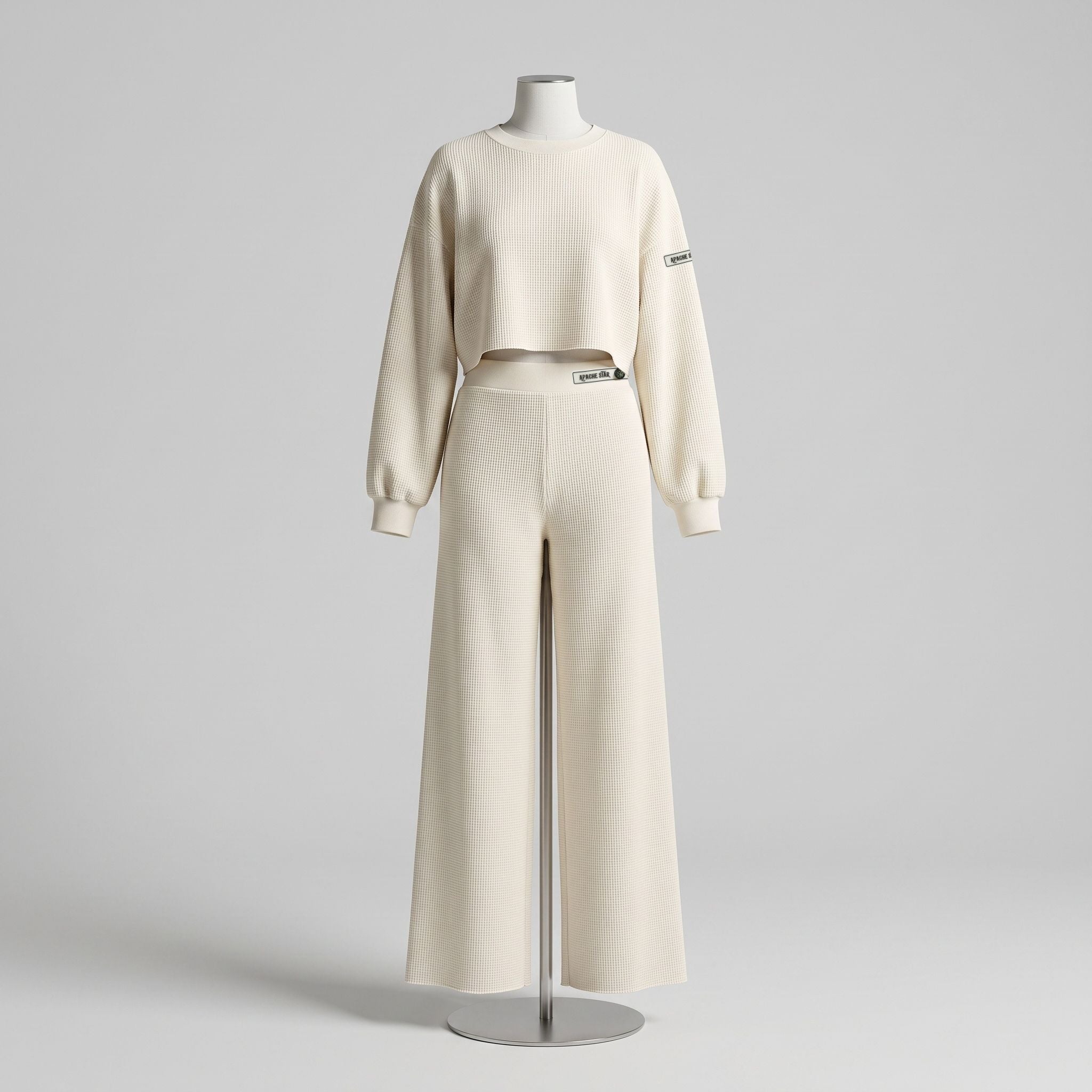 APACHE STAR® GLOBETROTTER Mykonos waffle set in White — crop top and pants, front view