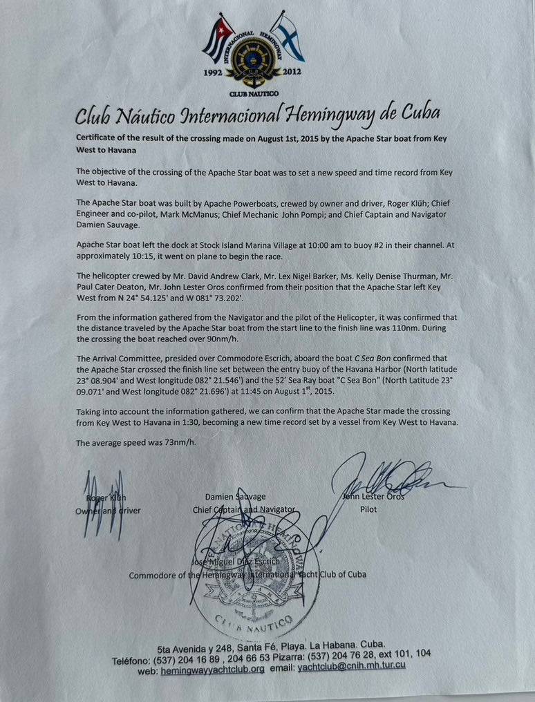 Club Náutico Internacional Hemingway de Cuba — official certificate of the APACHE STAR Key West to Havana crossing on August 1, 2015, signed by Commodore José Miguel Díaz Escrich