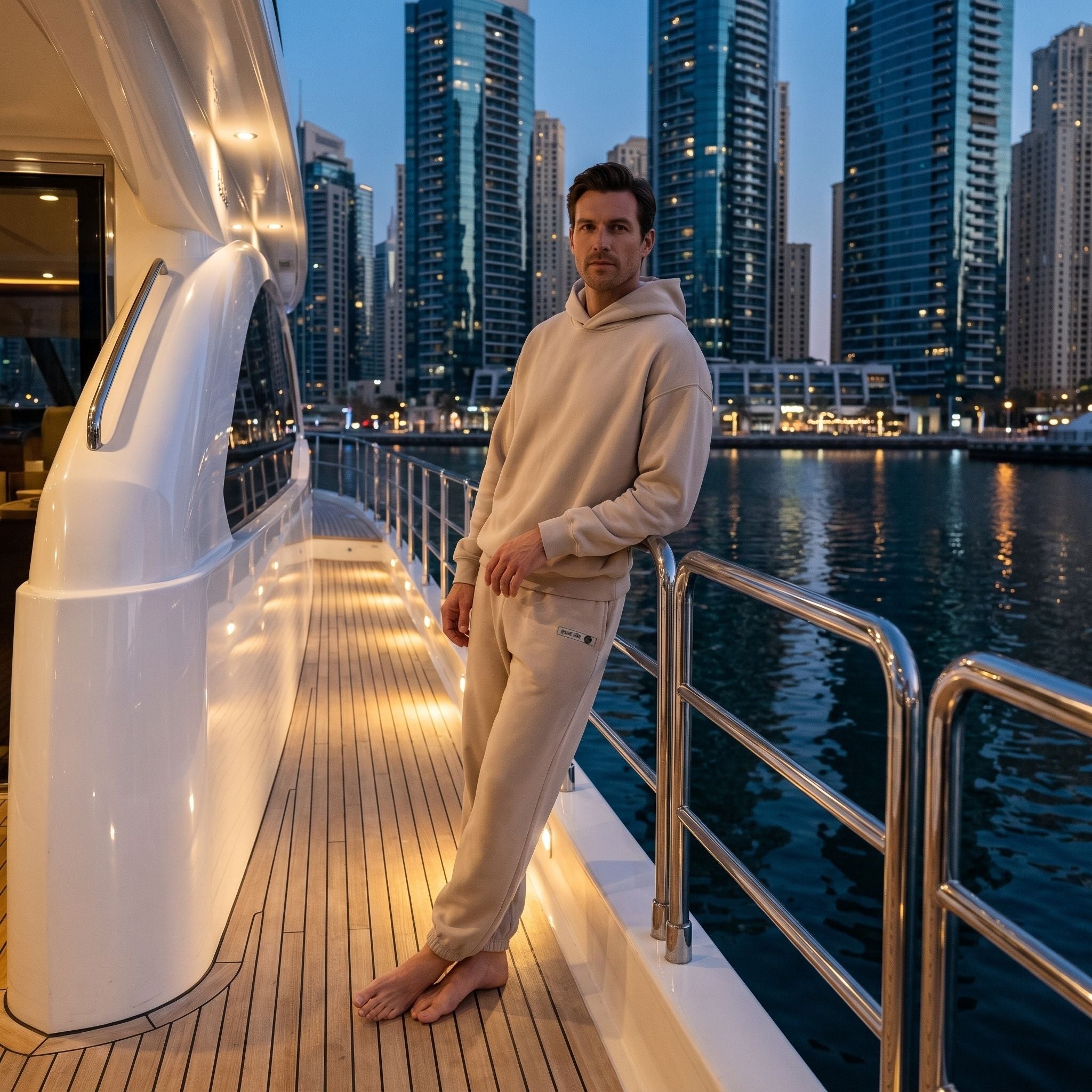 Male model wearing the APACHE STAR® Dubai set in Beige on a yacht deck, Dubai Marina at blue hour