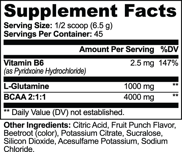 Supplement Facts label for APACHE STAR® BCAA Shock Powder showing ½ scoop (6.5 g) per serving, 45 servings, 4,000 mg BCAA 2:1:1 and 1,000 mg L-glutamine