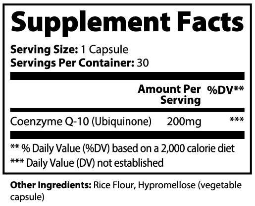Supplement Facts label for APACHE STAR® CoQ10 Ubiquinone showing 1 capsule per serving, 30 servings and 200 mg coenzyme Q-10