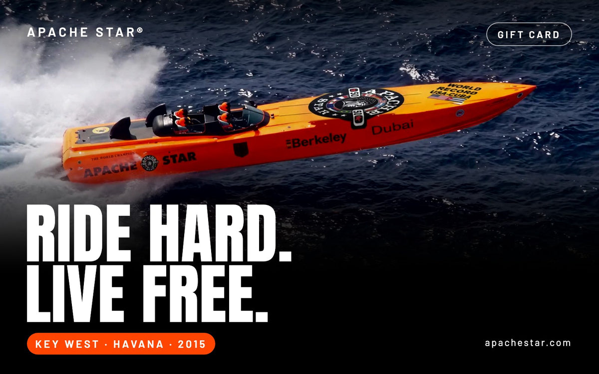 APACHE STAR® gift card, design Ride hard. Live free.: the orange powerboat from above on open water