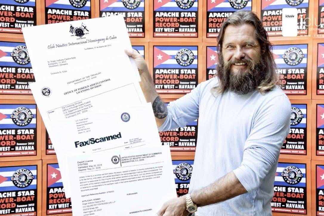 US Treasury OFAC authorization and Department of Commerce Export License D1017203 — held by Roger Klüh at the APACHE STAR world record celebration, May 2015