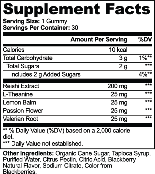 Supplement Facts label for APACHE STAR® Reishi Relax Gummies showing 1 gummy per serving, 30 servings and 200 mg reishi extract with L-theanine, lemon balm, passion flower and valerian root