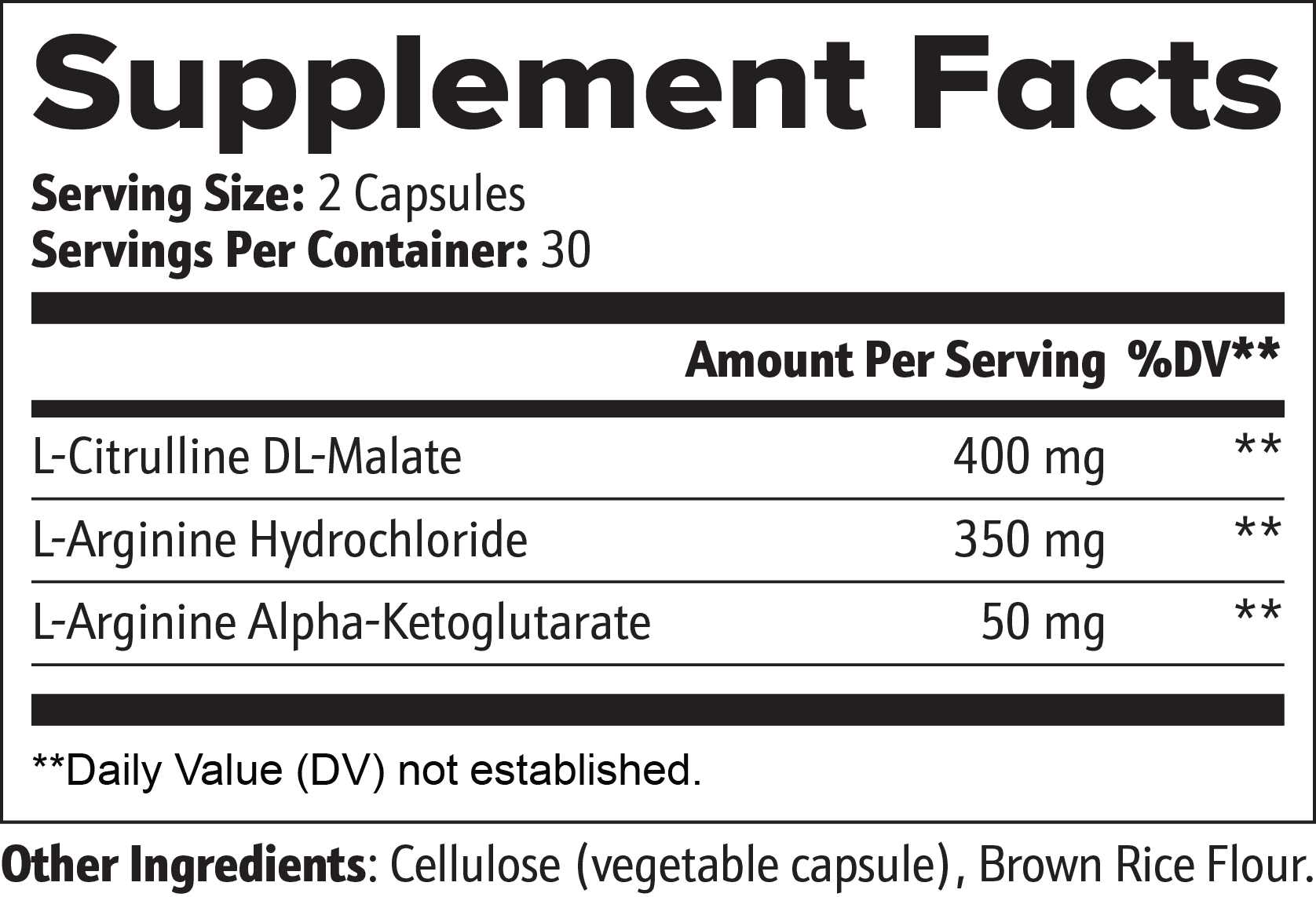Supplement Facts label for Nitric Oxide 2 Month Supply, showing amino acids and blood flow support ingredients