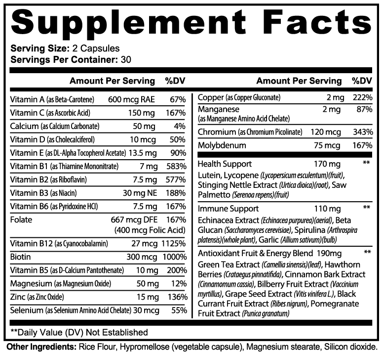 Supplement Facts label with vitamins, minerals, antioxidants, and herbal extracts