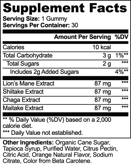 Supplement Facts label for APACHE STAR® Adaptogen Vitality Gummies showing 1 gummy per serving, 30 servings and 348 mg mushroom extract