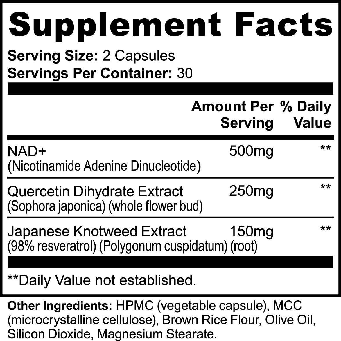 Supplement Facts label for NAD+ 2-month supply