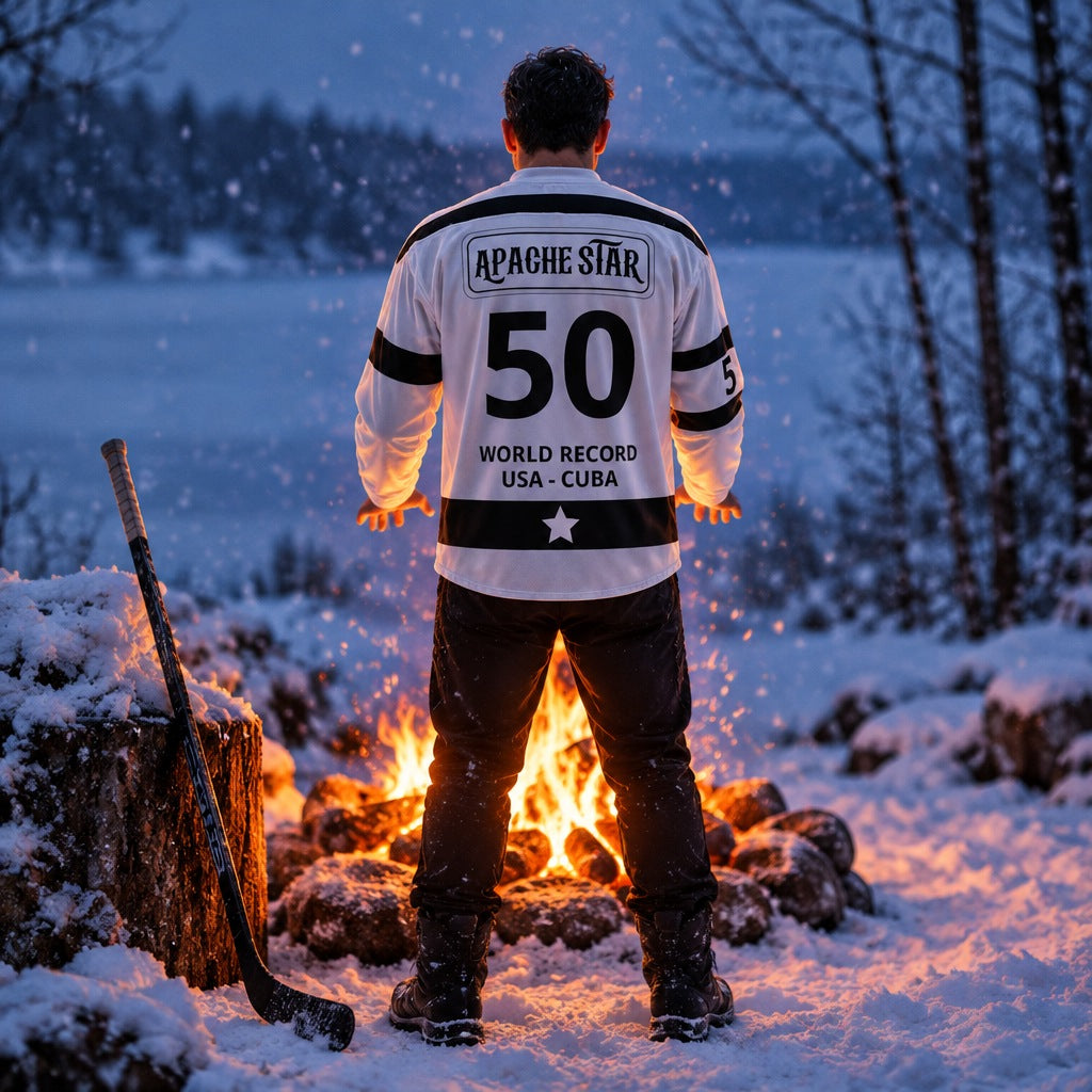 A man warming his hands at a campfire by a frozen lake, seen from behind, a hockey stick beside him, the number 50 and World Record USA - Cuba on the back of the APACHE STAR ice hockey jersey "Frozen Fifty"