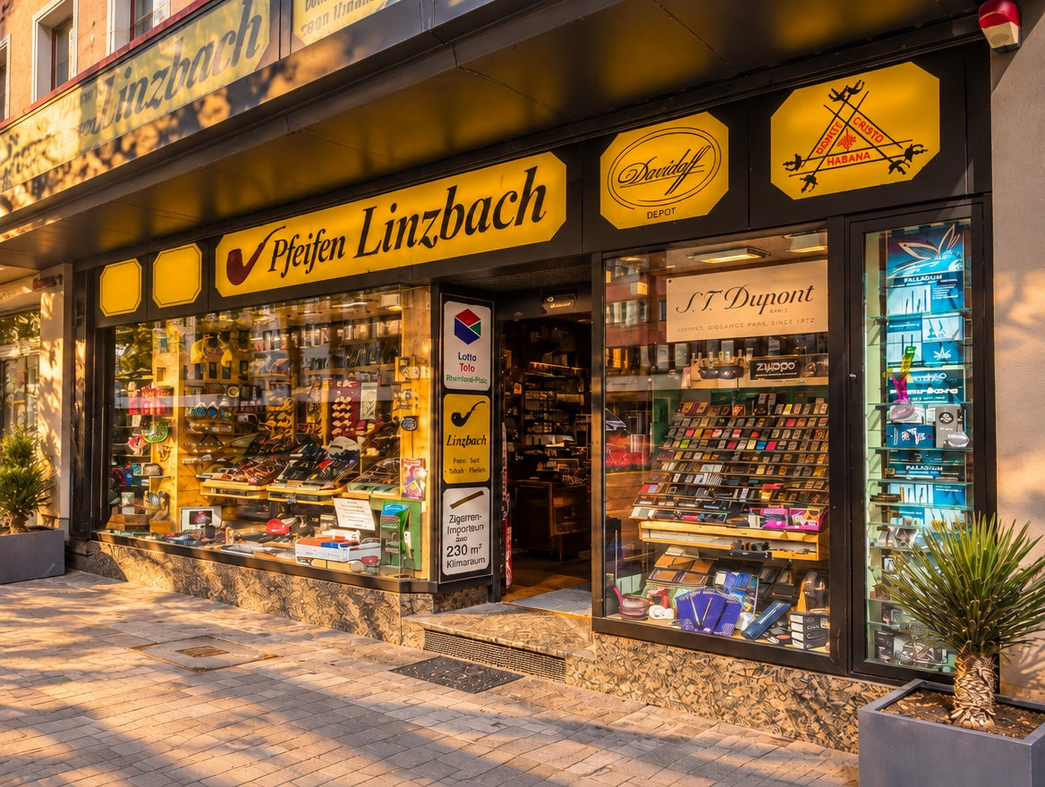 The Pfeifen Linzbach shopfront on Graf-Adolf-Straße in Düsseldorf in golden evening light