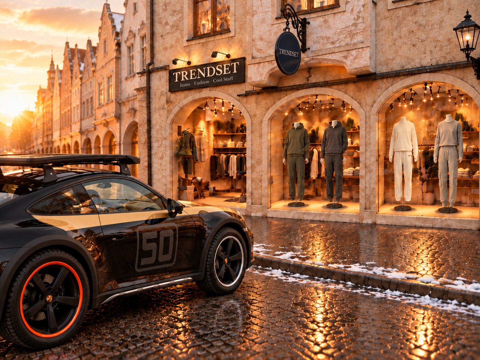 The TRENDSET boutique in Mühldorf am Inn, APACHE STAR GLOBETROTTER sets in the shop windows, the APACHE STAR 911 Dakar with the number 50 parked in front