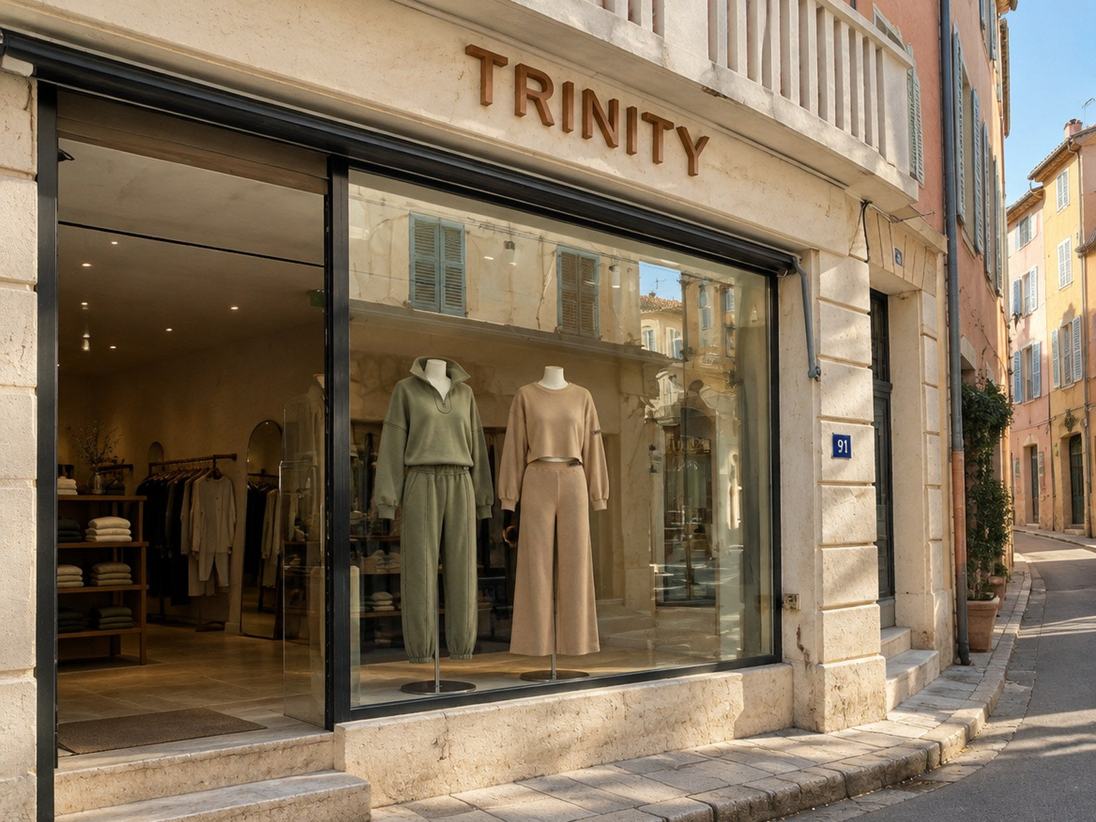 The TRINITY boutique in Saint-Tropez, two APACHE STAR GLOBETROTTER sets in the shop window