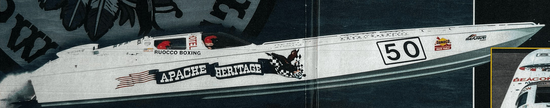 The white offshore race boat Apache Heritage with the number 50, seen from the side at speed